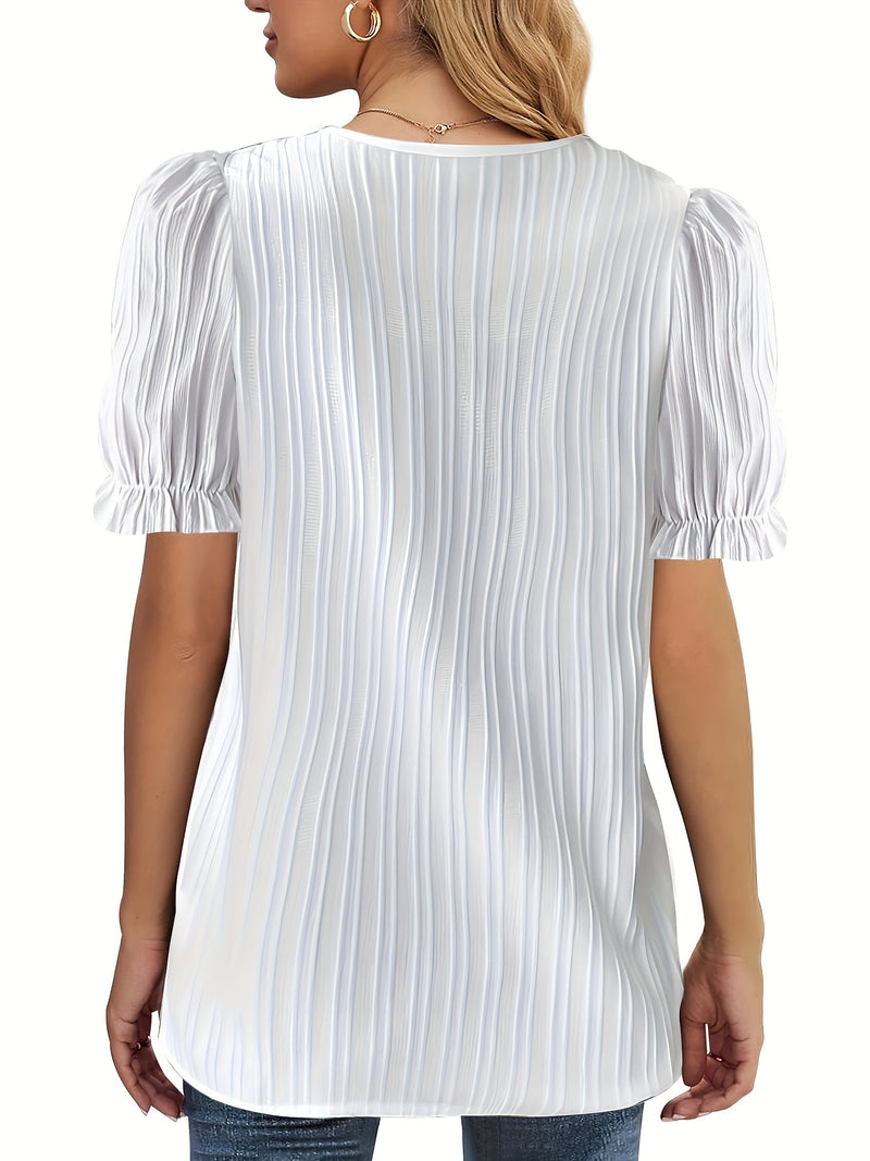 Lace Trim Solid Blouse, Elegant V-neck Short Sleeve Blouse, Women's Clothing