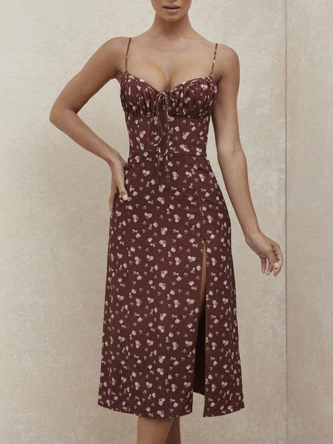 Floral Halter Bowknot Slim Sling Wrap Dress - Midi Dresses - INS | Online Fashion Free Shipping Clothing, Dresses, Tops, Shoes - 09/04/2021 - Color_Red Wine - DRE210409734