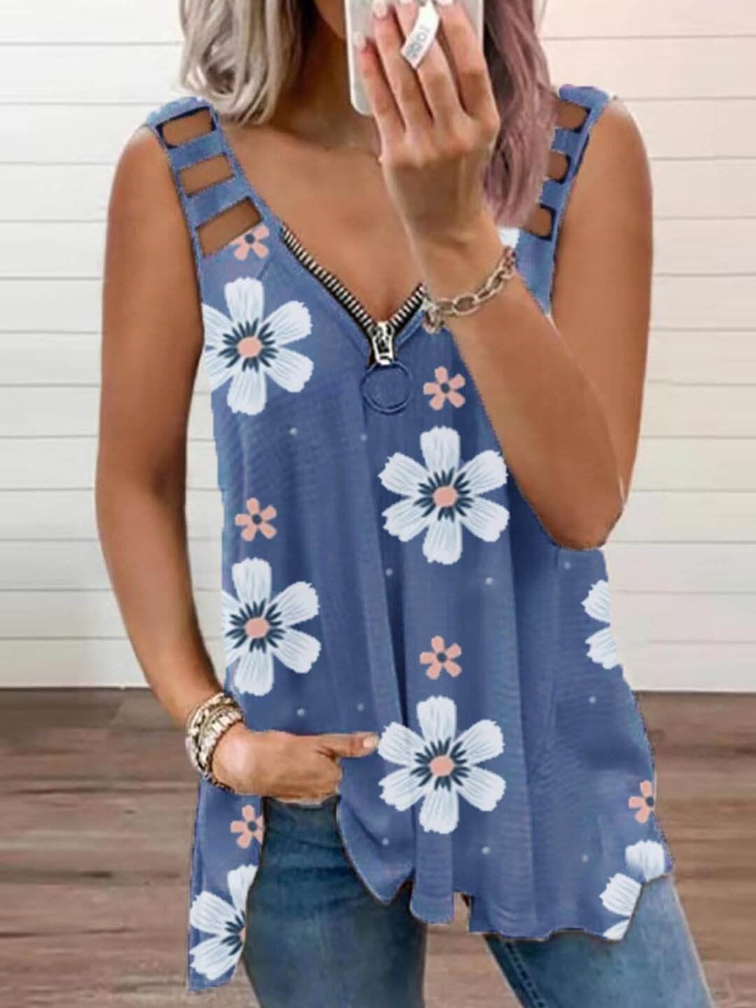 Floral Print V Neck Tank Tops - Tank Tops - INS | Online Fashion Free Shipping Clothing, Dresses, Tops, Shoes - 05/06/2021 - Color_Blue - LXQ