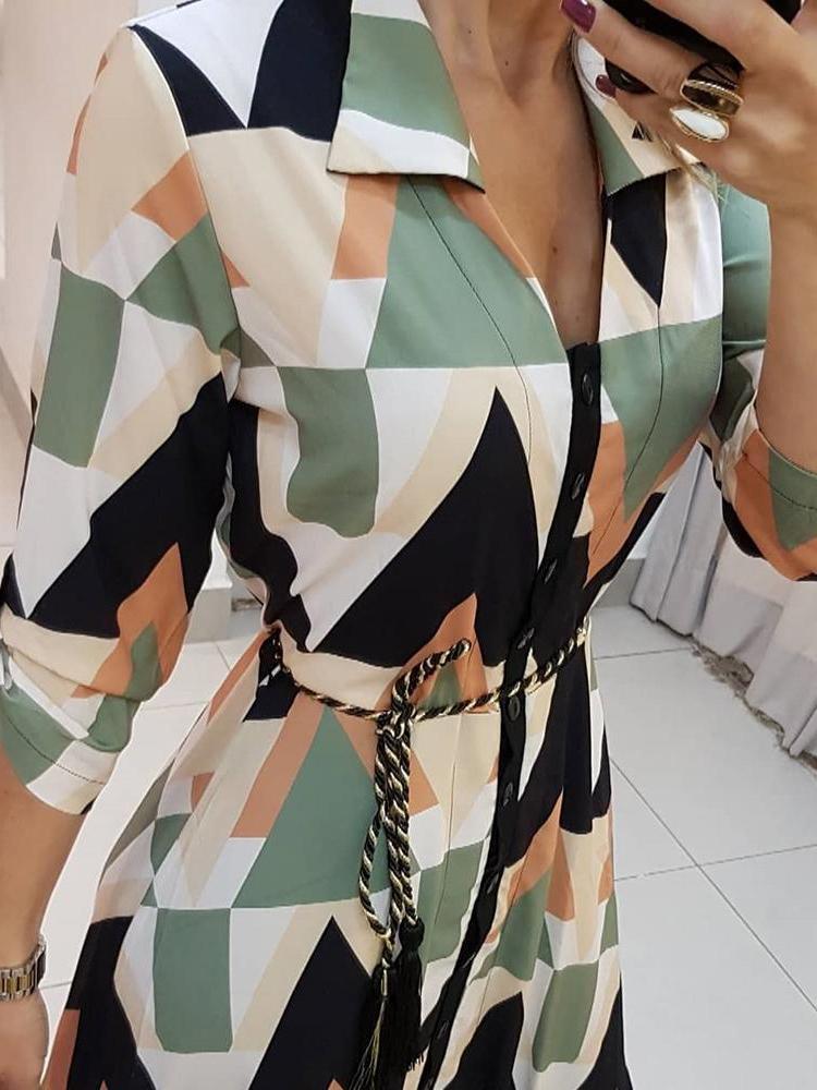 Geometric Print V-neck Shirt Dress With Belt - Midi Dresses - INS | Online Fashion Free Shipping Clothing, Dresses, Tops, Shoes - 03/06/2021 - Color_Green - DRE2106030005