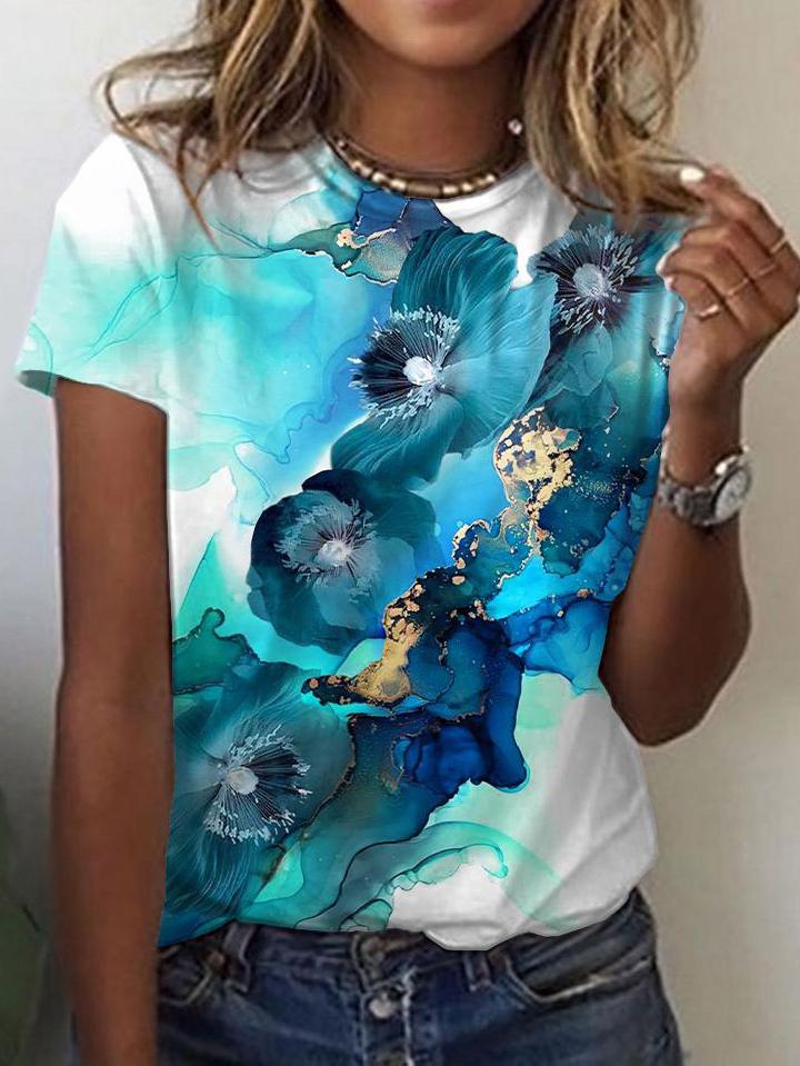 Gradient Floral Print Round Neck Short Sleeves T-Shirts - T-Shirts - INS | Online Fashion Free Shipping Clothing, Dresses, Tops, Shoes - 03/07/2021 - 10-20 - Category_T-Shirts