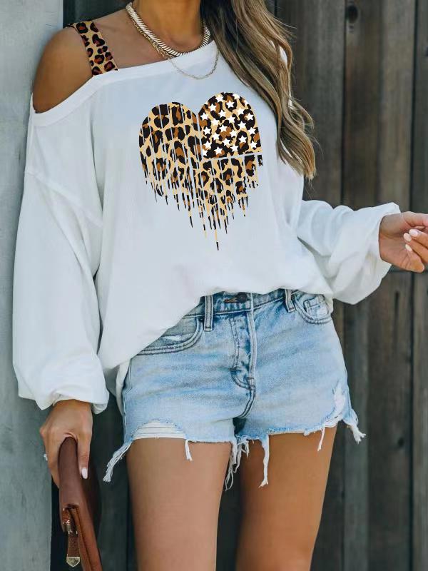 INS Women's Leopard Heart Print Off Shoulder Long Sleeve T-Shirt - T-Shirts - INS | Online Fashion Free Shipping Clothing, Dresses, Tops, Shoes - 07/08/2021 - 10-20 - Category_T-Shirts