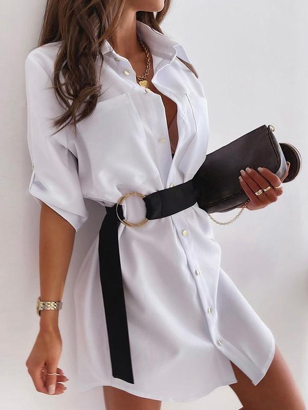 Lapel Single-breasted Long-sleeved Shirt Mini Dress - Mini Dresses - INS | Online Fashion Free Shipping Clothing, Dresses, Tops, Shoes - 31/05/2021 - Color_White - DRE2105311130