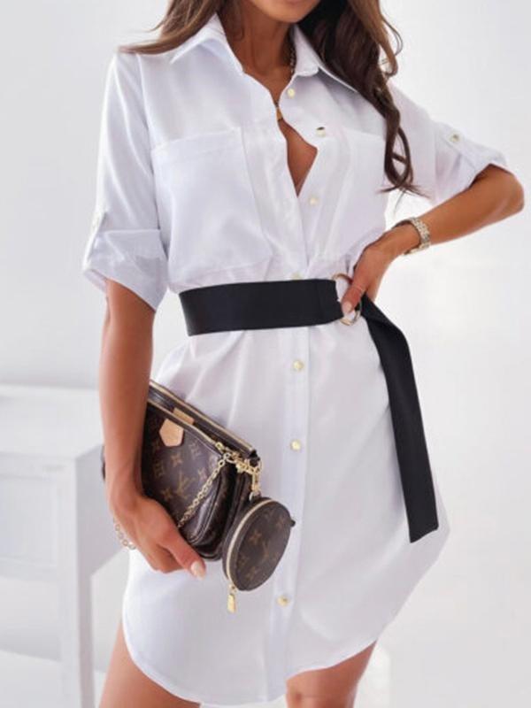 Lapel Single-breasted Long-sleeved Shirt Mini Dress - Mini Dresses - INS | Online Fashion Free Shipping Clothing, Dresses, Tops, Shoes - 31/05/2021 - Color_White - DRE2105311130