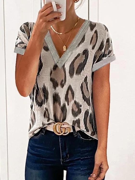 Leopard Print V-Neck Casual T-Shirts - T-Shirts - INS | Online Fashion Free Shipping Clothing, Dresses, Tops, Shoes - 10-20 - 17/06/2021 - Category_T-Shirts