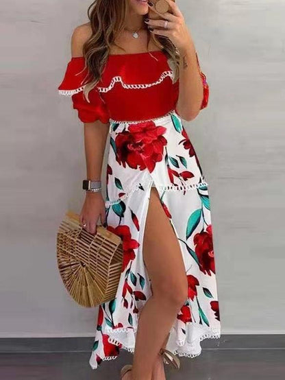 Loose One-Shoulders High Slit Print Dress - Maxi Dresses - INS | Online Fashion Free Shipping Clothing, Dresses, Tops, Shoes - 29/06/2021 - 30-40 - Category_Maxi Dresses