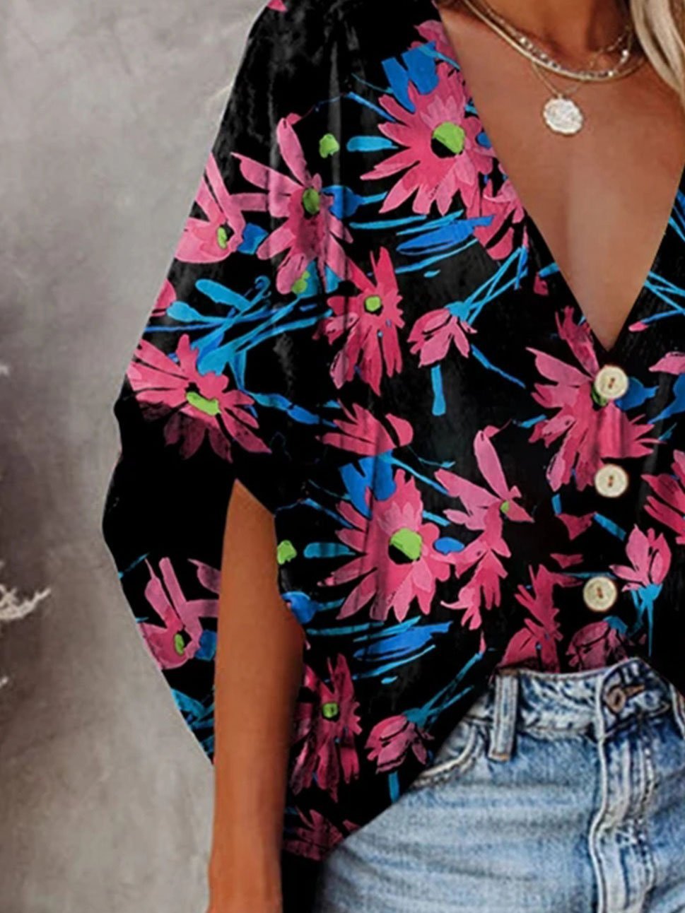 Loose V-neck Printed Mid-sleeve Blouse - Blouses - INS | Online Fashion Free Shipping Clothing, Dresses, Tops, Shoes - 08/06/2021 - BLO2106080049 - Blouses