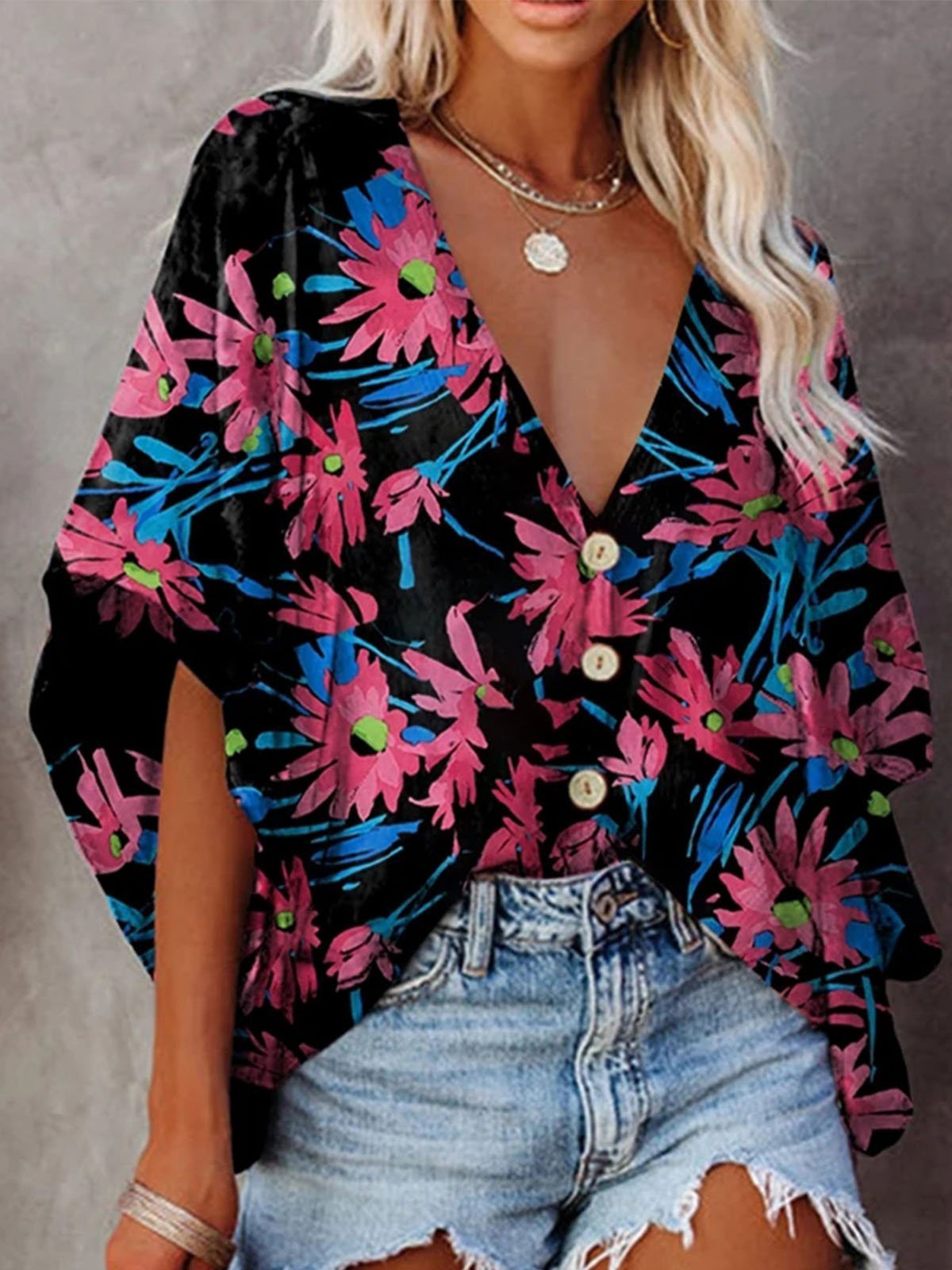 Loose V-neck Printed Mid-sleeve Blouse - Blouses - INS | Online Fashion Free Shipping Clothing, Dresses, Tops, Shoes - 08/06/2021 - BLO2106080049 - Blouses