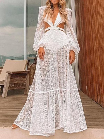 Open Back Lace Lantern Sleeve Hollow Dress - Maxi Dresses - INS | Online Fashion Free Shipping Clothing, Dresses, Tops, Shoes - 17/06/2021 - 40-50 - Category_Maxi Dresses