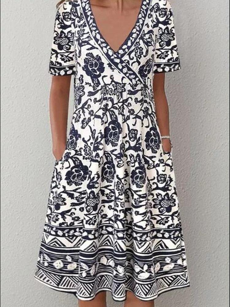 Retro Print V-neck Long Dress - Midi Dresses - INS | Online Fashion Free Shipping Clothing, Dresses, Tops, Shoes - 20-30 - 25/06/2021 - color-white