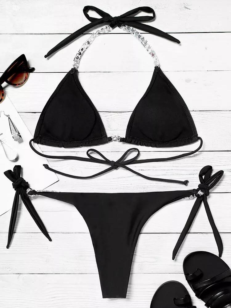 Rhinestone Tie Halter Bikini Set - Bikinis - MsDressly | Online Fashion Free Shipping Clothing, Dresses, Tops, Shoes - 27/04/ - BIK210427068 - Bikinis