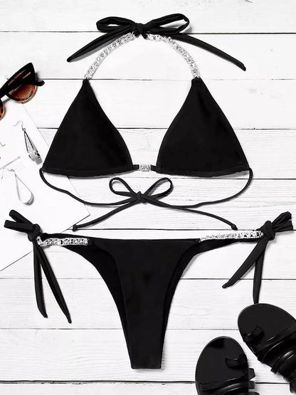 Rhinestone Tie Halter Bikini Set - Bikinis - MsDressly | Online Fashion Free Shipping Clothing, Dresses, Tops, Shoes - 27/04/ - BIK210427068 - Bikinis