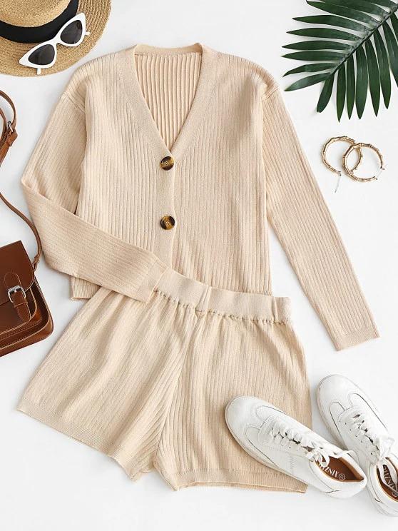 Ribbed Button Up V Neck Two Piece Set - INS | Online Fashion Free Shipping Clothing, Dresses, Tops, Shoes