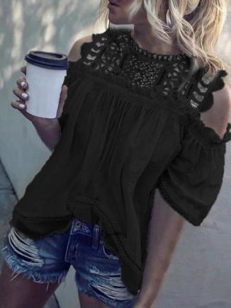 Round Neck Off Shoulder Cut-out Short Sleeve T Shirt - T-shirts - MsDressly | Online Fashion Free Shipping Clothing, Dresses, Tops, Shoes - 10-20 - 17/07/ - color-black