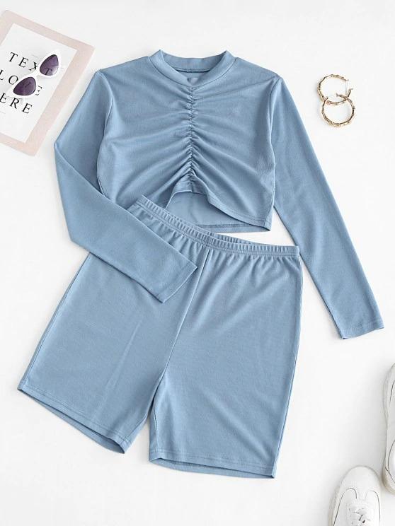Ruched Front Ribbed Cropped Two Piece Set - INS | Online Fashion Free Shipping Clothing, Dresses, Tops, Shoes
