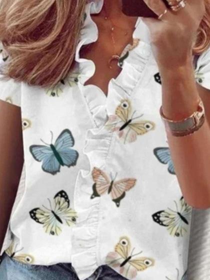 Ruffle Short Sleeve Butterfly Print Blouses - Blouses - INS | Online Fashion Free Shipping Clothing, Dresses, Tops, Shoes - 20-30 - 22/07/2021 - BLO2107221245