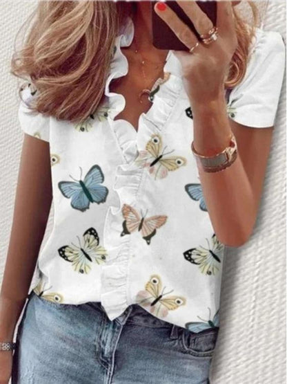 Ruffle Short Sleeve Butterfly Print Blouses - Blouses - INS | Online Fashion Free Shipping Clothing, Dresses, Tops, Shoes - 20-30 - 22/07/2021 - BLO2107221245