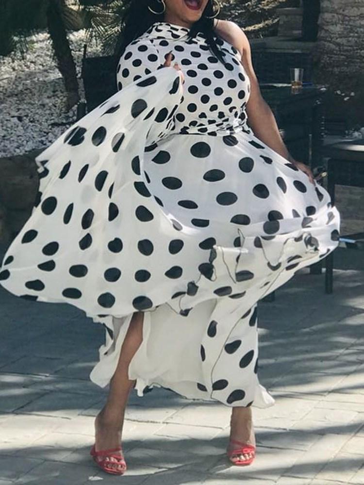 Slanted Shoulder Polka Dot Print Skirt - Maxi Dresses - INS | Online Fashion Free Shipping Clothing, Dresses, Tops, Shoes - 19/06/2021 - 30-40 - color-white