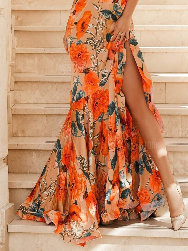 Sleeveless Halter Print Split Long Dress - Maxi Dresses - MsDressly | Online Fashion Free Shipping Clothing, Dresses, Tops, Shoes - 20-30 - 21/07/ - color-orange