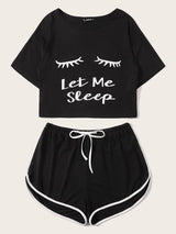 Slogan & Figure Graphic Top & Dolphin Shorts PJ Set - INS | Online Fashion Free Shipping Clothing, Dresses, Tops, Shoes