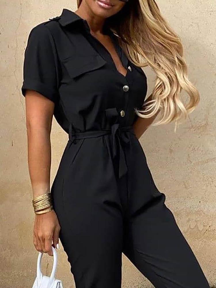 Solid Short Sleeve Buttoned Jumpsuit - Jumpsuits & Rompers - INS | Online Fashion Free Shipping Clothing, Dresses, Tops, Shoes - 29/04/2021 - Color_ Black - Color_Beige