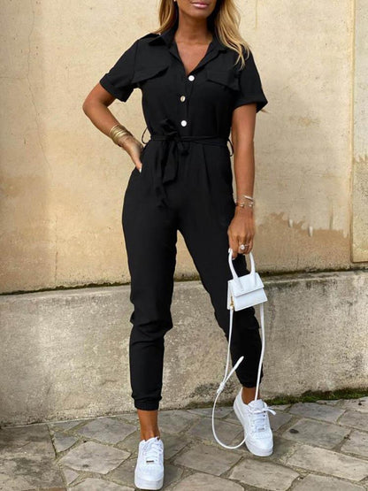 Solid Short Sleeve Buttoned Jumpsuit - Jumpsuits & Rompers - INS | Online Fashion Free Shipping Clothing, Dresses, Tops, Shoes - 29/04/2021 - Color_ Black - Color_Beige
