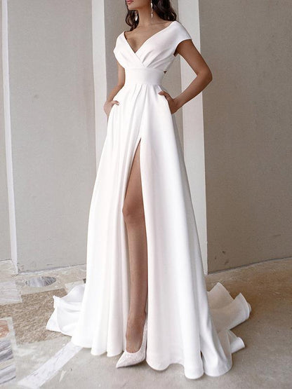 Solid V-neck Slit Mopping Dress - Maxi Dresses - INS | Online Fashion Free Shipping Clothing, Dresses, Tops, Shoes - 16/06/2021 - 30-40 - color-white