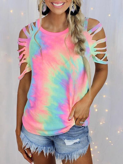Tie Dye Printed Short Sleeve Off The Shoulder Casual T-shirt - T-Shirts - INS | Online Fashion Free Shipping Clothing, Dresses, Tops, Shoes - 24/05/2021 - Category_T-shirts - Color_Multicolor