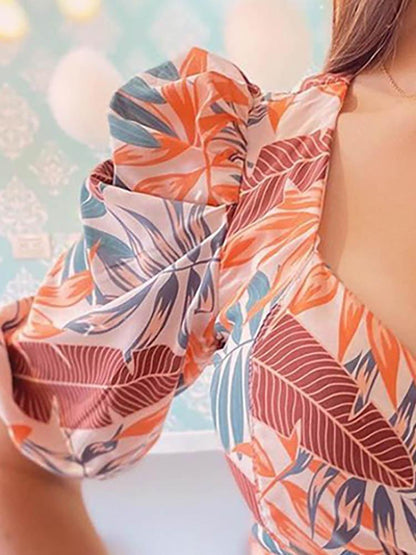 Tropical Print Asymmetrical Crop Top - Tank Tops - INS | Online Fashion Free Shipping Clothing, Dresses, Tops, Shoes - 28/04/2021 - Color_Green - Color_Orange