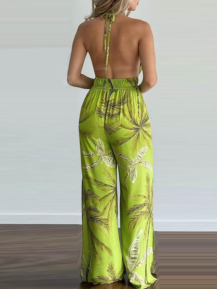 Tropical Print Halter V Neck Jumpsuit - Jumpsuits & Rompers - INS | Online Fashion Free Shipping Clothing, Dresses, Tops, Shoes - 29/04/2021 - Color_Green - Color_Orange