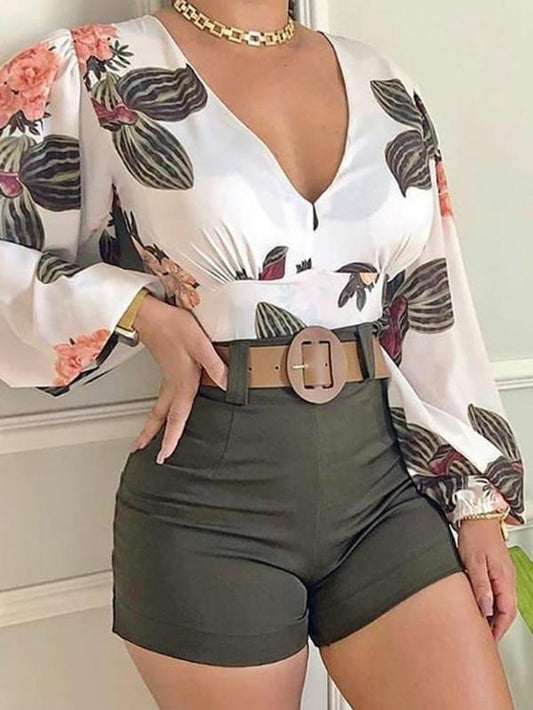 Tropical Print Long Sleeve Top & Shorts Set - Two-piece Outfits - MsDressly | Online Fashion Free Shipping Clothing, Dresses, Tops, Shoes - 22/04/ - Color_Army Green - Color_Green