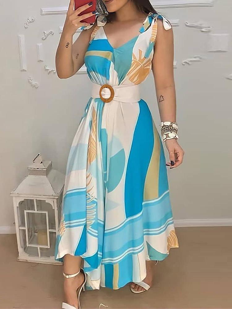 Tropical Print V Neck Tie Up Maxi Dress With Belt - Maxi Dresses - INS | Online Fashion Free Shipping Clothing, Dresses, Tops, Shoes - 28/04/2021 - Color_ Blue - DRE210428100