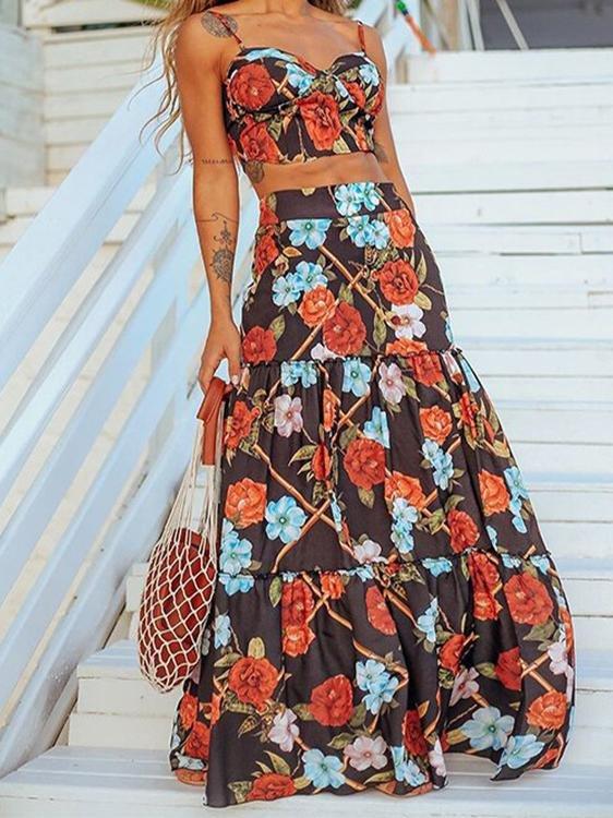 Two-Piece Printed Suspender V-Neck Crop Top & Skirt - Sets - INS | Online Fashion Free Shipping Clothing, Dresses, Tops, Shoes - 18/06/2021 - 30-40 - Category_Sets