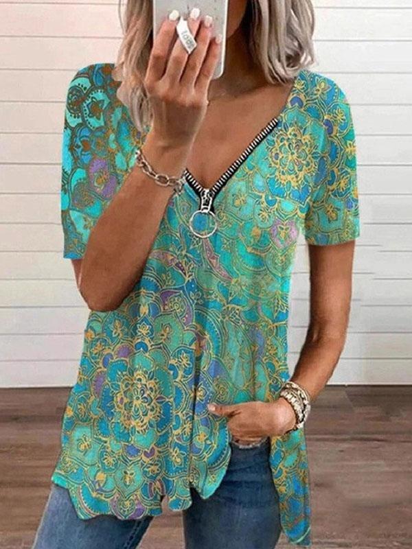V-neck Zipper Pullover Print Short-sleeved Loose Top - T-shirts - INS | Online Fashion Free Shipping Clothing, Dresses, Tops, Shoes - 08/06/2021 - Color_Black - Color_Blue