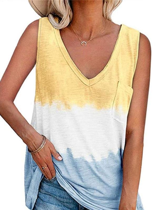 Women Loose Colorblock V Neck Sleeveless Tank Top - Tank Tops - INS | Online Fashion Free Shipping Clothing, Dresses, Tops, Shoes - 12/05/2021 - 120521 - Color_Sky Blue
