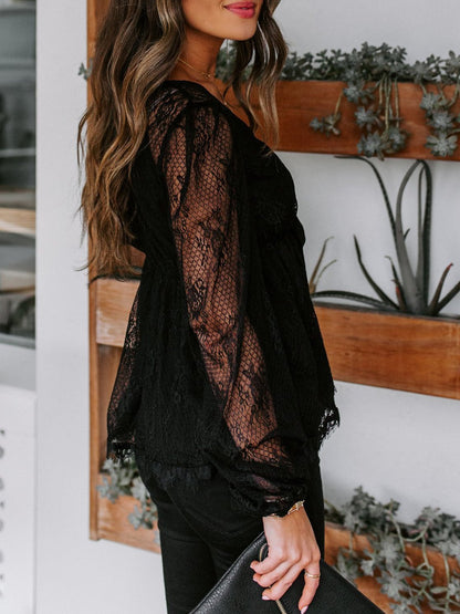 Women's Blouse Lace Embroidery Stitching Bow Tie Long Sleeves Blouse - Blouses - MsDressly | Online Fashion Free Shipping Clothing, Dresses, Tops, Shoes - 09/11/ - 20-30 - BLO2111091419