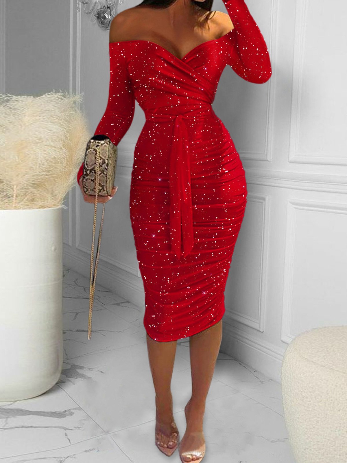 Women's Dresses Bronzing One-Shoulder Belted Tight Dress - Midi Dresses - Instastyled | Online Fashion Free Shipping Clothing, Dresses, Tops, Shoes - 06/12/2021 - 20-30 - Bodycon Dresses