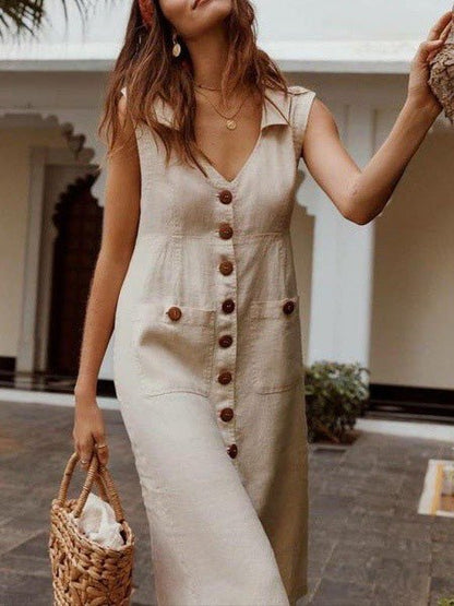 Women's Dresses Casual V-Neck Single-Breasted Pocket Dress - Midi Dresses - Instastyled | Online Fashion Free Shipping Clothing, Dresses, Tops, Shoes - 20-30 - 25/03/2022 - Casual Dresses