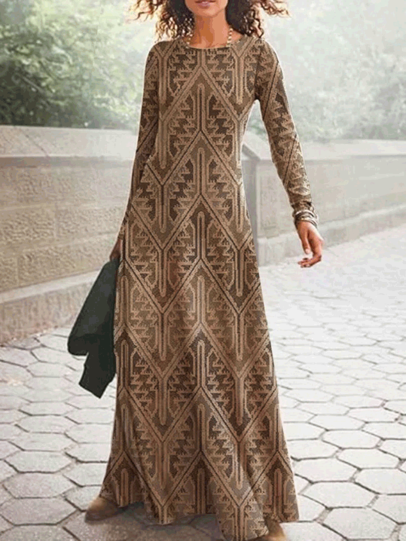 Women's Dresses Crewneck Long Sleeve Print Dress - Maxi Dresses - Instastyled | Online Fashion Free Shipping Clothing, Dresses, Tops, Shoes - 13/09/2022 - 30-40 - color-amber