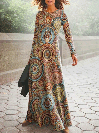 Women's Dresses Crewneck Long Sleeve Print Dress - Maxi Dresses - Instastyled | Online Fashion Free Shipping Clothing, Dresses, Tops, Shoes - 13/09/2022 - 30-40 - color-amber