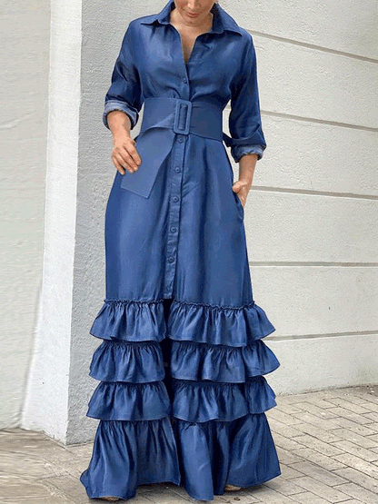 Women's Dresses Lapel Belt Long Sleeve Ruffle Dress - Maxi Dresses - Instastyled | Online Fashion Free Shipping Clothing, Dresses, Tops, Shoes - 13/09/2022 - color-black - color-blue