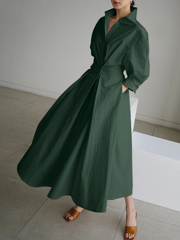Women's Dresses Lapel Elastic Waist Shirt Long Sleeve Dress - Maxi Dresses - Instastyled | Online Fashion Free Shipping Clothing, Dresses, Tops, Shoes - 06/05/2022 - 40-50 - color-army_green