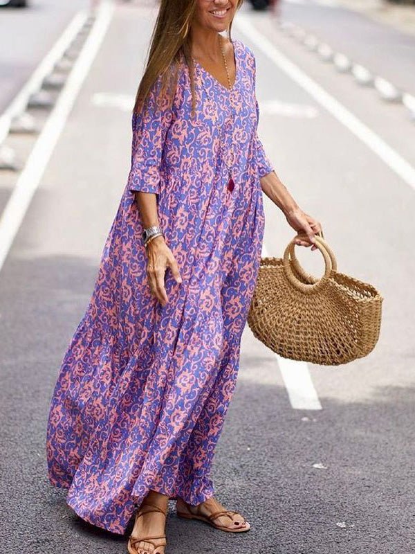 Women's Dresses Loose V-Neck 3/4 Sleeve Print Dress - Maxi Dresses - Instastyled | Online Fashion Free Shipping Clothing, Dresses, Tops, Shoes - 16/09/2022 - Casual Dresses - Color_Multicolor