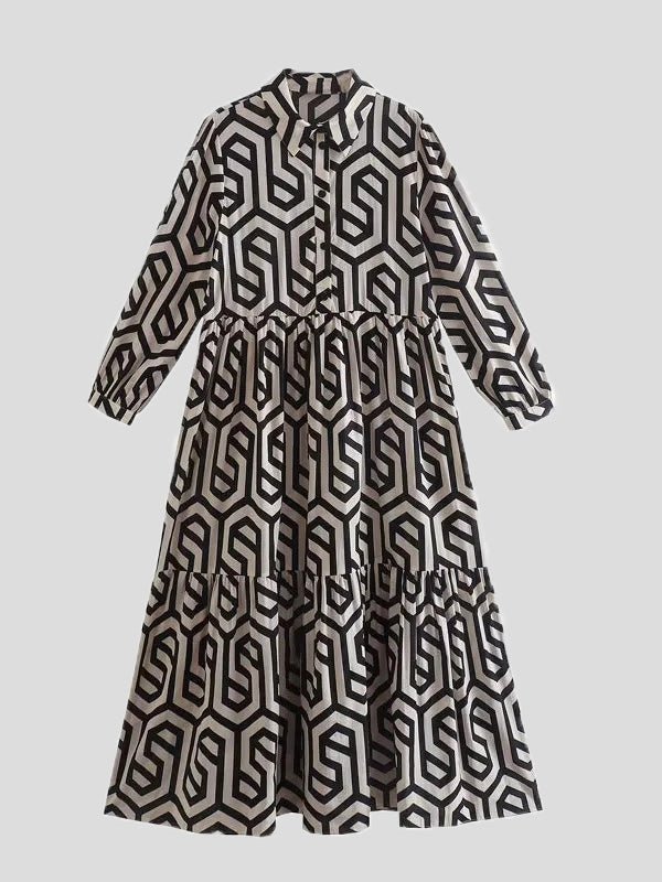 Women's Dresses Printed Lapel Long Sleeve Shirt Dress - Maxi Dresses - Instastyled | Online Fashion Free Shipping Clothing, Dresses, Tops, Shoes - 16/09/2022 - Color_Black - Color_Green