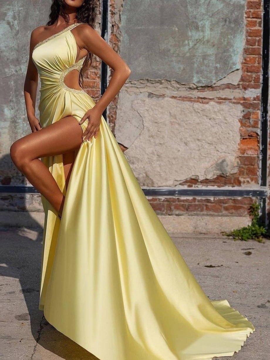 Women's Dresses Shiny One-Shoulder Hollow Slim Party Dress - Maxi Dresses - Instastyled | Online Fashion Free Shipping Clothing, Dresses, Tops, Shoes - 15/07/2022 - color-light_yellow - Color_Yellow