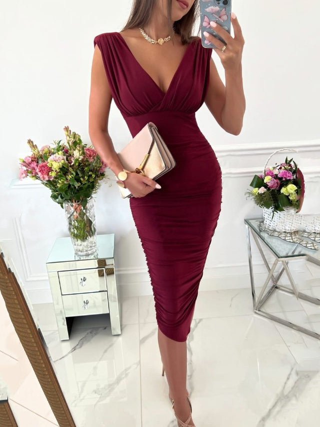 Women's Dresses Solid V-Neck Sleeveless Skinny Dress - Midi Dresses - Instastyled | Online Fashion Free Shipping Clothing, Dresses, Tops, Shoes - 26/04/2022 - Bodycon Dresses - Color_Black