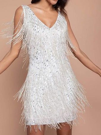 Women's Dresses Sparkling V-Neck Fringed Mini Dress - Mini Dresses - MsDresslytastyled | Online Fashion Free Shipping Clothing, Dresses, Tops, Shoes - 13/07/ - 30-40 - color-gold