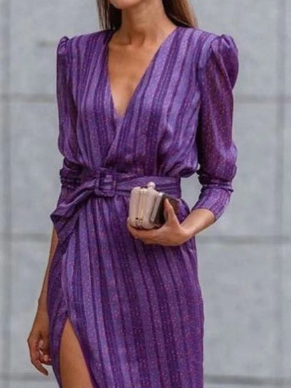 Women's Dresses Striped Belt Long Sleeve Slit Dress - Maxi Dresses - Instastyled | Online Fashion Free Shipping Clothing, Dresses, Tops, Shoes - 16/09/2022 - Color_Purple - DRE2209165441