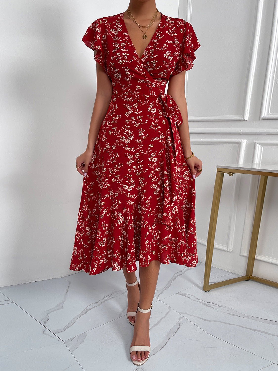 Women's Dresses V-Neck Belted Short Sleeve Print Dress - Midi Dresses - Instastyled | Online Fashion Free Shipping Clothing, Dresses, Tops, Shoes - 16/02/2022 - 40-50 - color-red