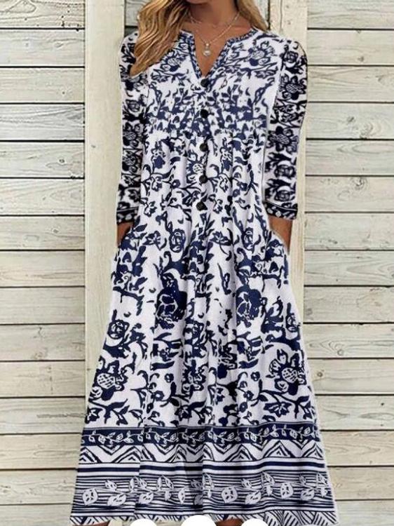Women's Dresses V-Neck Printed 3/4 Sleeve Casual Dress - Midi Dresses - INS | Online Fashion Free Shipping Clothing, Dresses, Tops, Shoes - 27/10/2021 - 30-40 - color-blue
